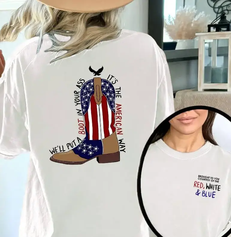 Red White & Blue American Flag Cowboy Boot Eagle Double Sided Print Women's Black Oversized Crew Neck Country Western Patriotic Graphic T-Shirt