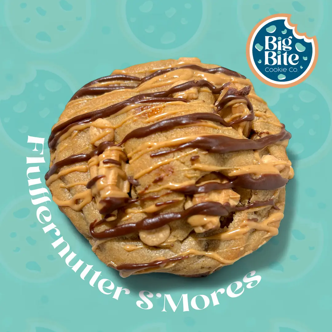 Fluffernutter S'More- Big Bite Cookie Co. Sweet Nostalgic Dessert Peanut Butter Cookie Stuffed With Fluffy Marshmallow Milk Chocolate Graham Cracker Loaded With Chocolate & Peanut Butter Chips Nutter Butter Pieces Drizzled With Fudge & Peanut Butte 6 Oz
