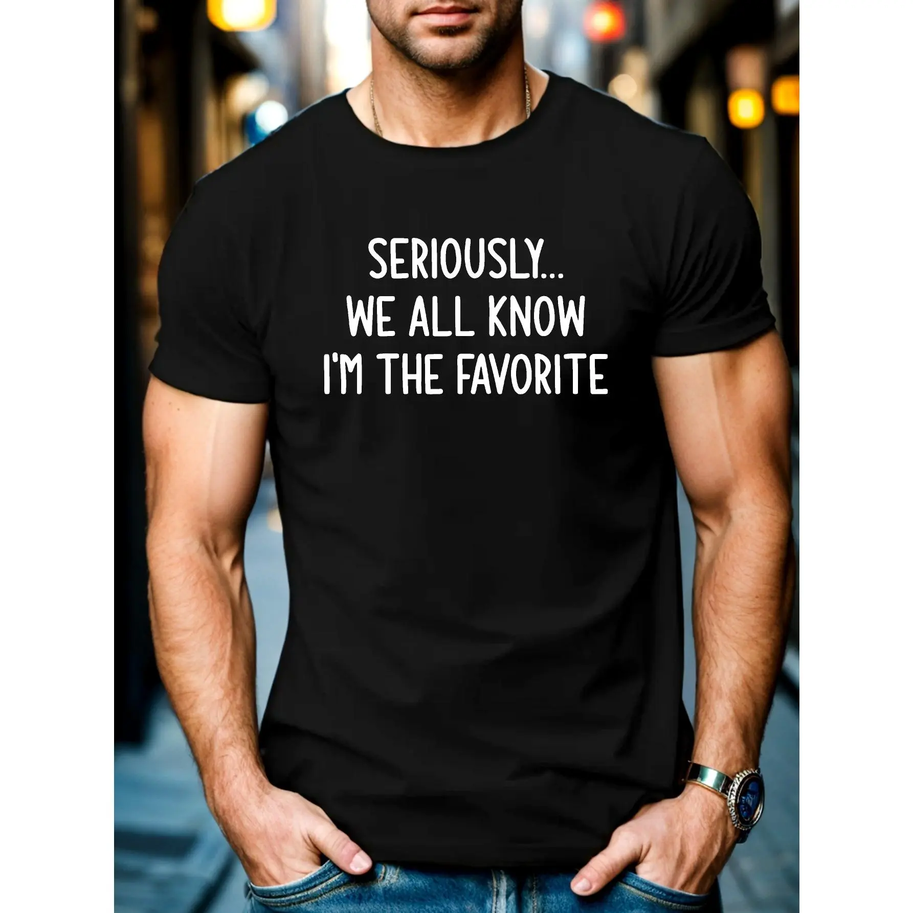 Men's Casual Cotton Graphic T-Shirt with "I'm The Favorite" Sarcastic Text, Short Sleeve Round Neck Streetwear Top, Menswear, Casual Stylish Tee