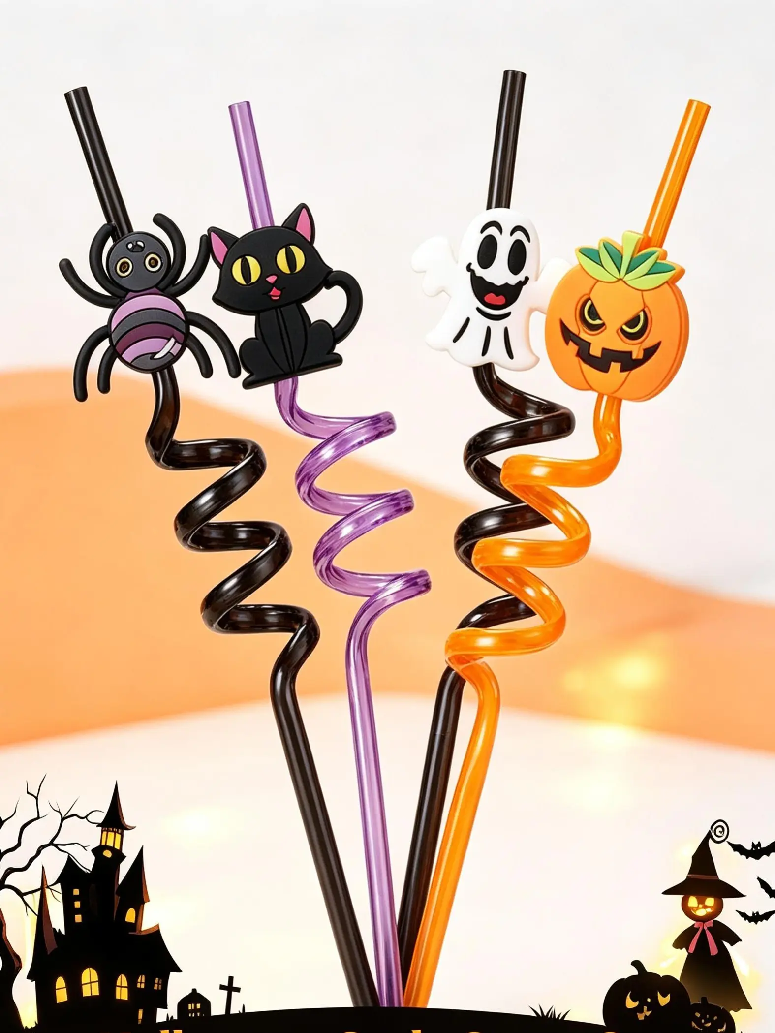 24Pcs Halloween Reusable Drinking Straws, Cute Ghost Pumpkin Witch Spider Designs, Halloween Party Favors for Kids & Adults