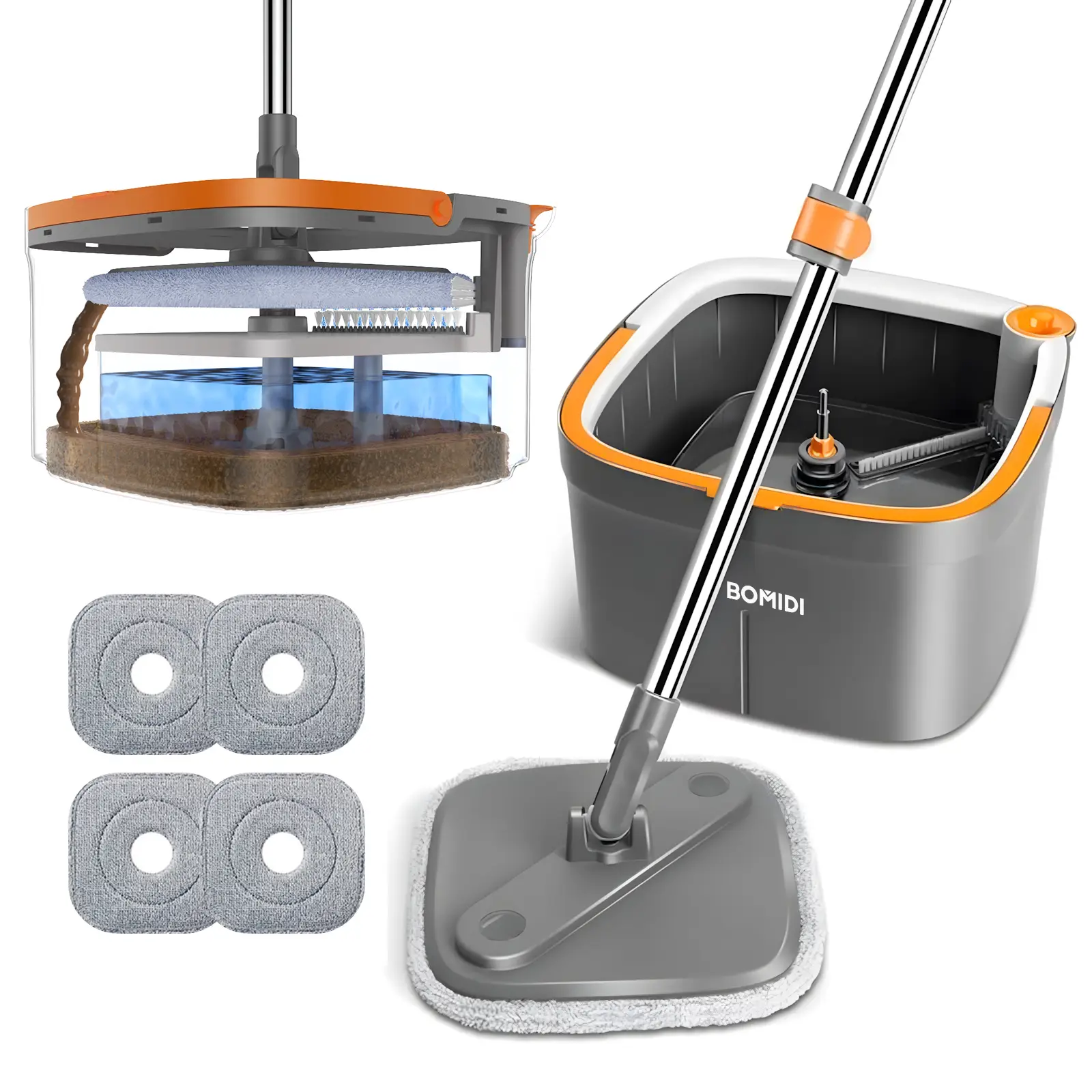 BOMIDI Spin Mop and Bucket System, Includes Spin Mop, Washable Microfiber Mop Pad, Separation dirty water from the clean water Bucket