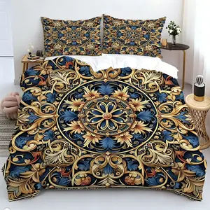Ornate Blue & Gold Mandala Pattern Duvet Cover Set, 2/3Pcs Baroque Floral Pattern Bedding Set with Intricate Vintage Pattern, Soft Microfiber, Elegant Bohemian Home Decor. Includes 1 or 2 Pillowcase - No Filling/Zipper Closure.