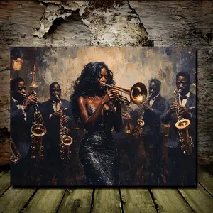 2D Flat, 1pc Wooden Framed Canvas Art - African American Woman Trumpet Player with Band, Vibrant Wrapped Canvas Painting, 11.8x15.7 Inch, 2D Wall Decor for Office, Classroom, Living Room, Home Decor, Jazz Wall Art