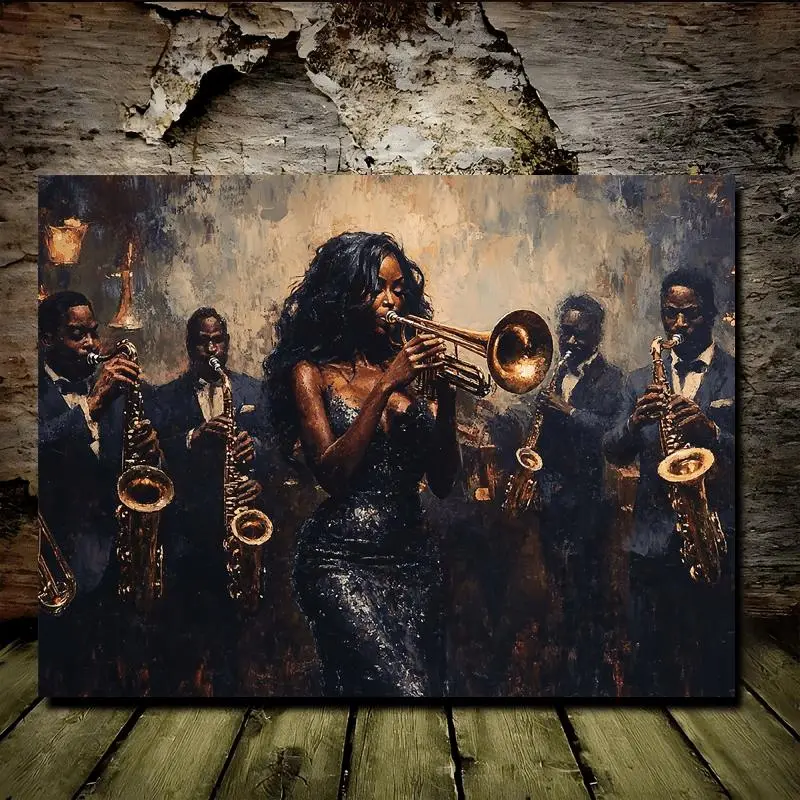 1pc Decorative Frame-Style Wooden Canvas Art - 2D 11.8x15.7in Wrapped Painting of African American Woman Trumpet Player with Band, Music Wall Decor for Living Room, Office, 11.8X15.7 Inch, Jazz Wall Art