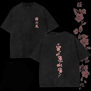 Japanese Cherry Blossom Double-Sided Cherry Blossom Pattern Print. Round Neck Short Sleeve Washed T-Shirt 230g Cotton Double-Sided Washed All-Matching Fashionable Retro Batik High Quality Cotton Short Sleeve Street Retro Loose Cas
