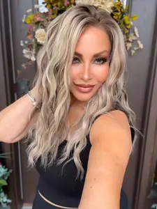 MACA BAKA Stella Ash Dirty Blonde Ombre Highlight Water Wave Lace Front Wigs with Scandinavian Hairline 16 Inches Medium Length Low Density Light Blonde Brown HD Synthetic Lace Front Wigs for Women Pre Plucked