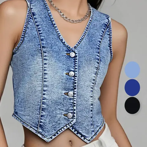 Women's Summer Casual Cropped Slim Light Wash, Stretch V-Neck Western Country Style Sleeveless Jean Waistcoat Casual Fashion Vest