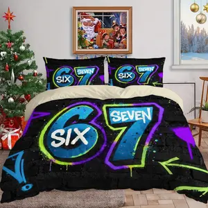 three piece set The number 67 in neon graffiti patterned digital print set Bedroom Bedding Set - includes 1 duvet cover and 2 pillowcases (filling not included), breathable and soft, polyester, machine washable, suitable for all seasons.