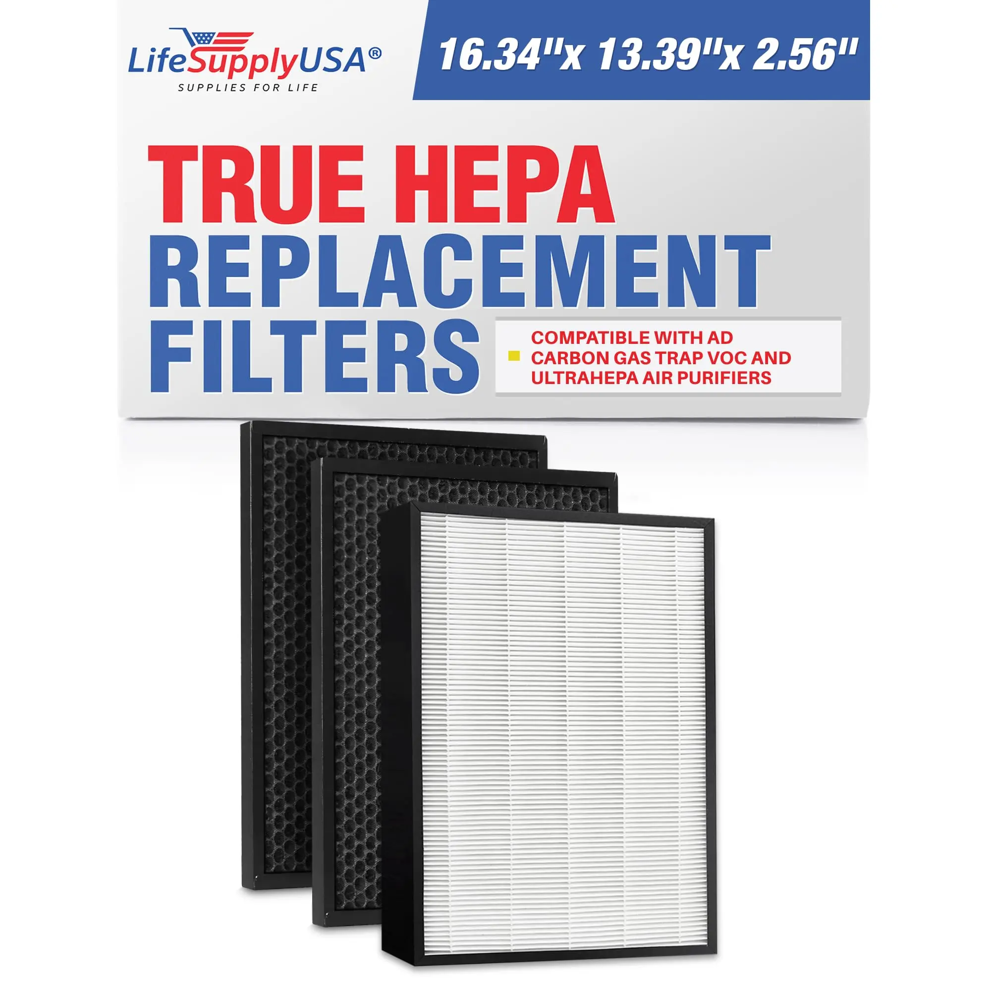 LifeSupplyUSA AD-300 Complete HEPA and Carbon Filter Replacement Set, Compatible with Air Doctor AD3000/AD3500 Air Cleaners, with Carbon Gas Trap, UltraHEPA Filtration, Tool-Free Installation, Eliminates Cooking Odors, Smoke