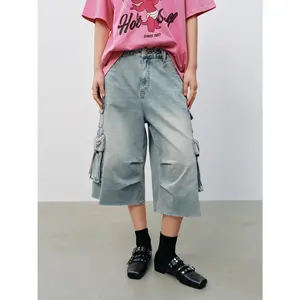 URBAN REVIVO 2026 Summer Women's Trendy Vintage Loose Wide Leg Cropped Denim Pants UYV860070 Below The Knee Short Slight Stretch - Fabric