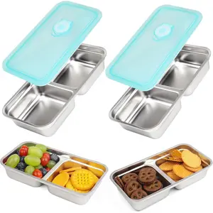 2pcs Grab and Go Snack Containers Stainless Steel, Reusable Snack Condiment Containers with Lids, Double Compartment Food Lunch Meal Container Prep for Travel, Leak Proof Lids, Leakproof Container