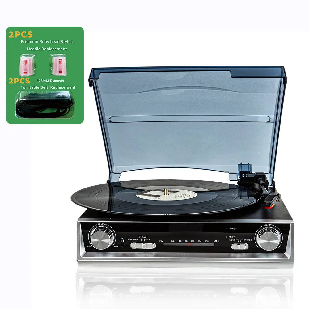 Vintage Belt Drive 3-Speed Turntable for Vinyl Records, Stereo with Built-In Stereo Speakers, AM/FM Radio Tuner, CD & DVD Player, 33/45/78 RPM, 2 Ruby Stylus Needles, 3.5mm Jack, Dual Built-In Speakers