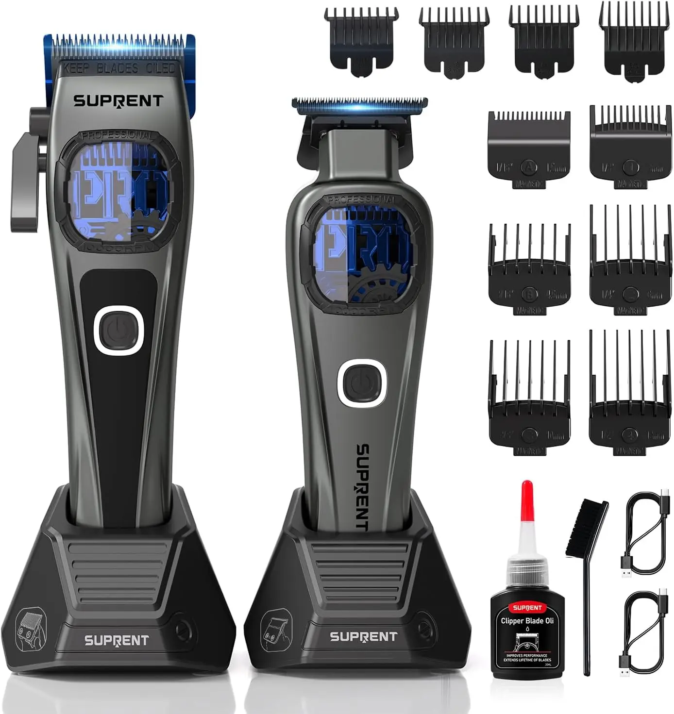 SUPRENT StormGray Professional Cordless 0-Gapped Hair Trimmers & Clippers Kit for Barbers/Home, Built-in Li-ion Battery, High-Performance Motor, Blue Titanium-Coated Blades, Charging Stand, Long Run Time, Oil Reservoir, Zero Gapped Hair Trimmers & Clipper