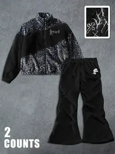 Men's Street Style Leopard Print Jacket Set, Fall Winter Fleece Lined Thickened, Comfortable Fashion, Suitable for Outdoor Activities