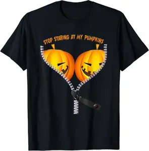 Pumpkin Boobs Women Funny Halloween Jack O' Lantern Costume T-Shirt - 69B09F743J7Q