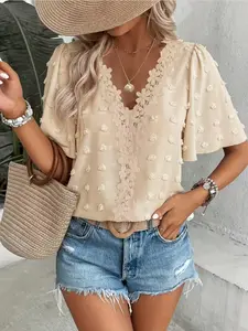 Elegant Swiss Dot Lace Butterfly Sleeve Shirt, Long Sleeve Commuter Top, Loose Fit Casual Summer Blouse for Women