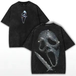 GhostFace Vintage Washed Tee: Iconic Horror Slasher Mask Design on Premium Heavy Cotton with Drop Shoulder Fit – Essential Streetwear for Scream Enthusiasts