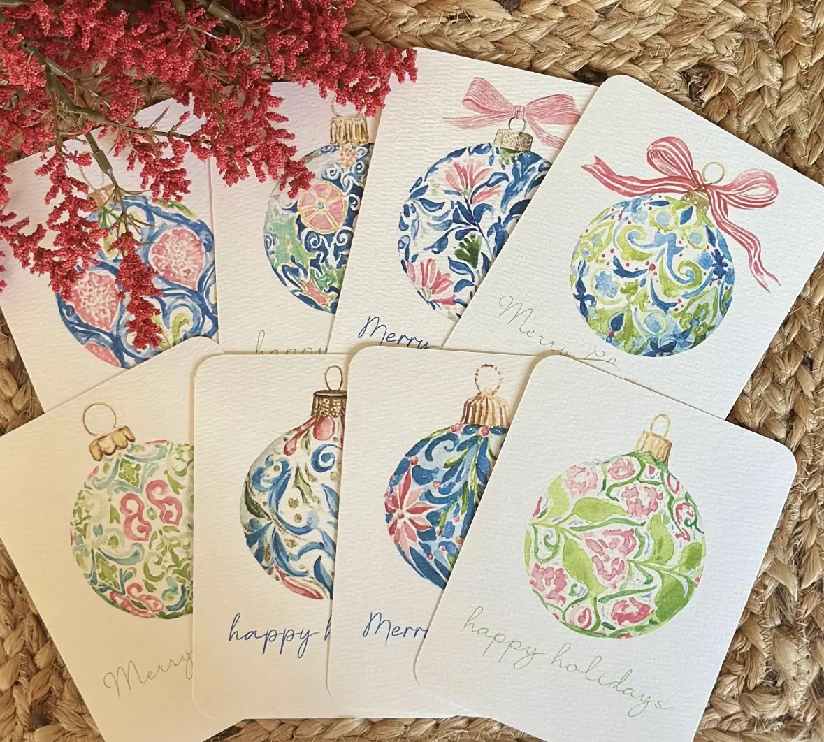 Handmade Watercolor Printed Christmas Cards Festive Art Print Holiday Cards Gift Box Set with Floral Ornament Design Notecard Postcard Christmas Cards