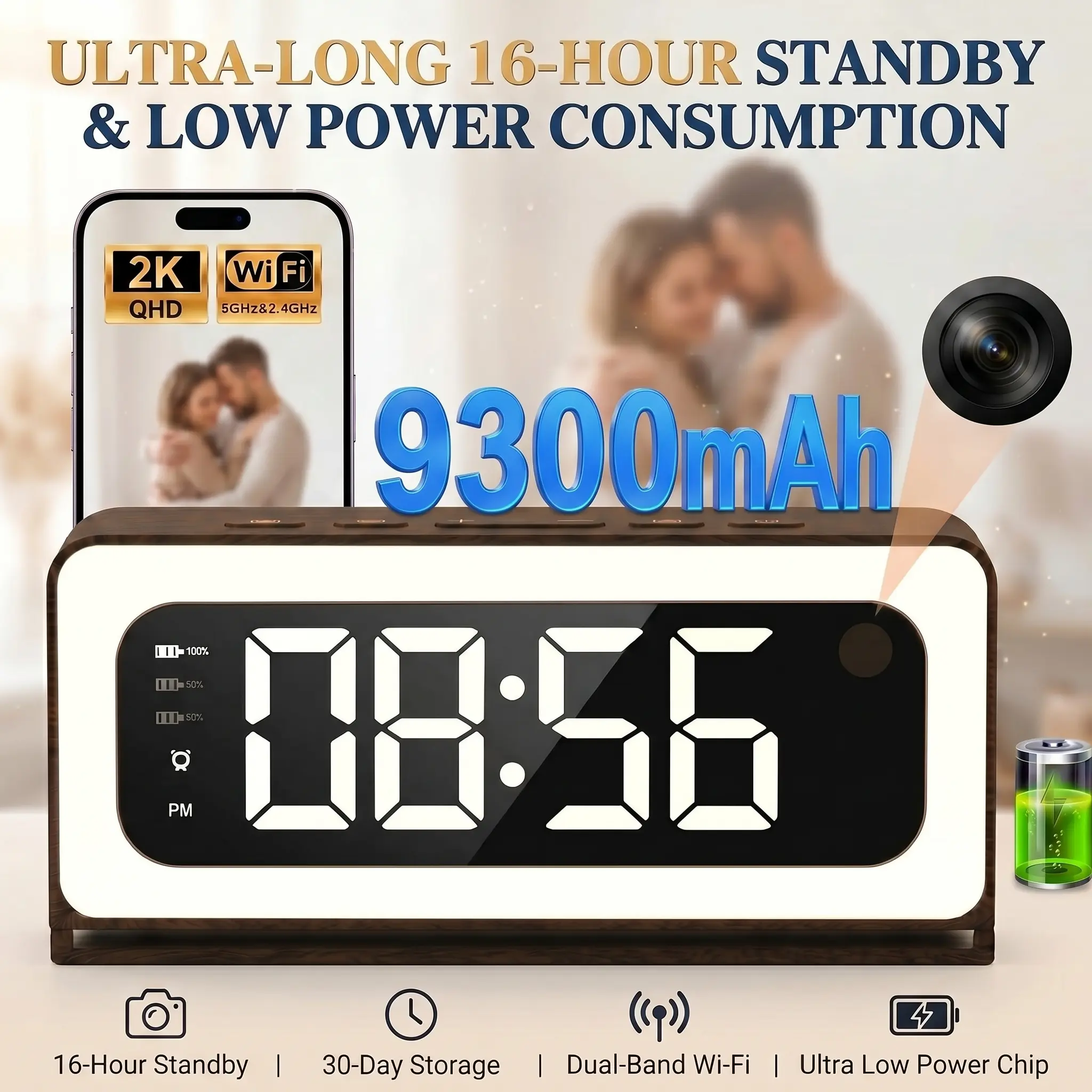 2K Smart Indoor Clock Camera, 6200mAH,Nanny Cam, Indoor Security Camera for Home, 5G & 2.4G WiFi, Full Color Night Vision, Motion Detection Alerts, Alarm Siren, Local SD Storage, Wood Grain Design