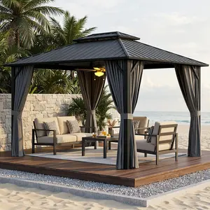 Gizoon 10'x12' Hardtop Gazebo, Aluminum Frame Metal Canopy with Double Roof, Outdoor Gazebo with Breathable Netting & Privacy Curtains, Pavilion for Patios for Backyard Deck Dark Grey