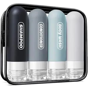 Travel Bottles for Toiletries with Labels, 3oz TSA Approved Squeezable Travel Size Containers, Leak Proof Travel Shampoo and Conditioner Bottles with Toiletry Bag (4 Pack, Dark Color)