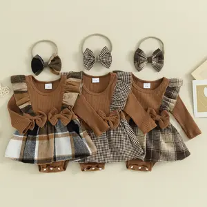 Newborn Baby Girls Autumn Romper Dress Long Sleeve Ruffle Houndstooth Print Jumpsuit with Headband Set