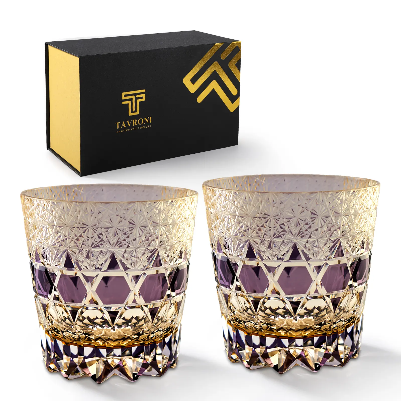 【Gift Box Set】11Oz Purple Gradient Crystal Whiskey Glasses Set of 2 Edo Kiriko Japanese Craft for Whiskey Bourbon Scotch