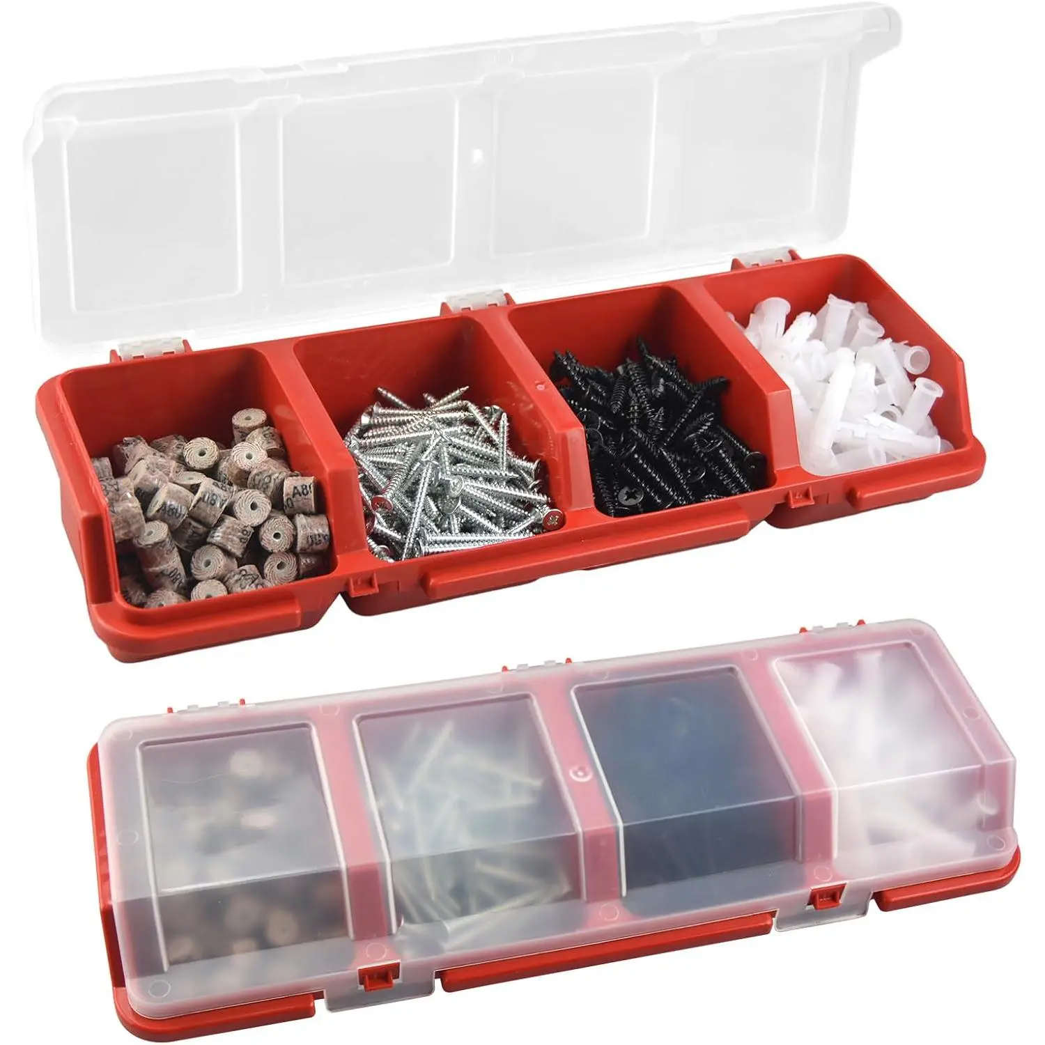 Screw Organizer Storage Bins, 2-Pack Stackable Lidded Bins with Dividers, for Garage Plumbing, DIY Projects, Art Studio Organization, Craft Room & Classroom Home Supplies