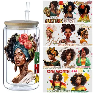 5pcs Black Girl UV DTF Transfer Stickers, For Glass Tumbler, Waterproof Decals, Plastic Adhesive Label For Bottles And Cups Decor Diy Decoration