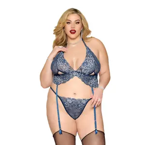 Plus Size Blue Lace Bralette and Thong