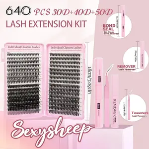 DIY Lash Extension Kit 640pcs Lash Clusters Eyelash Extension Kit with Lash Bond & Seal, Lash Remover, Lash Tweezers, 8-16MM Wispy Lash Clusters Kit D Curl Individual Lashes Kit Eyelash Clusters - 30D/40D/50D(640PCS)