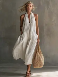 European and American new 2026 summer women's casual solid color V-neck dress