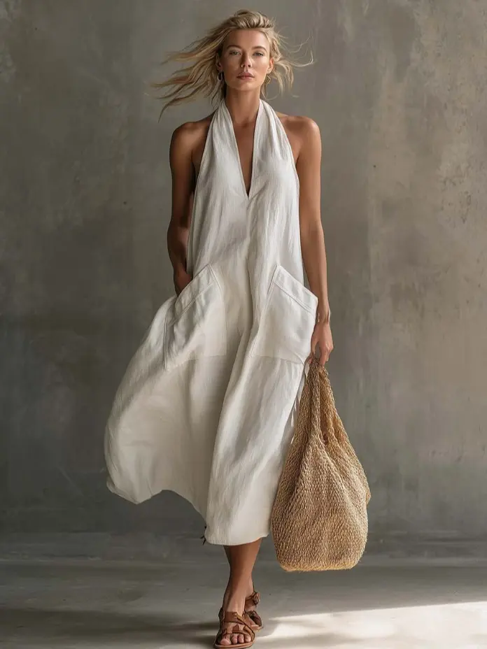European and American new 2026 summer women's casual solid color V-neck dress
