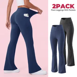 SHOWITTY 2 Pack Crossover Flare Leggings for Women – High Waisted Bootcut Yoga Pants with Pockets, Tummy Control & Buttery Soft Stretch #Summervibes