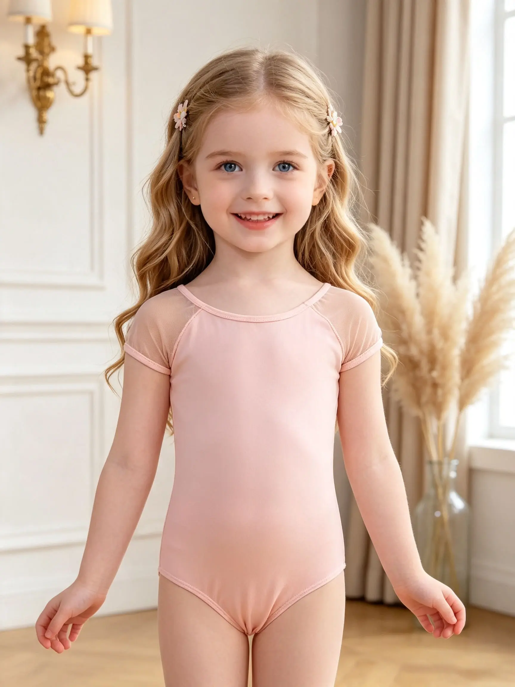 Girls' Short-Sleeve Mesh Splice Ballet Leotard - Light Pink 1-Piece Dance Bodysuit for Kids' Gymnastics Practice Dancewear
