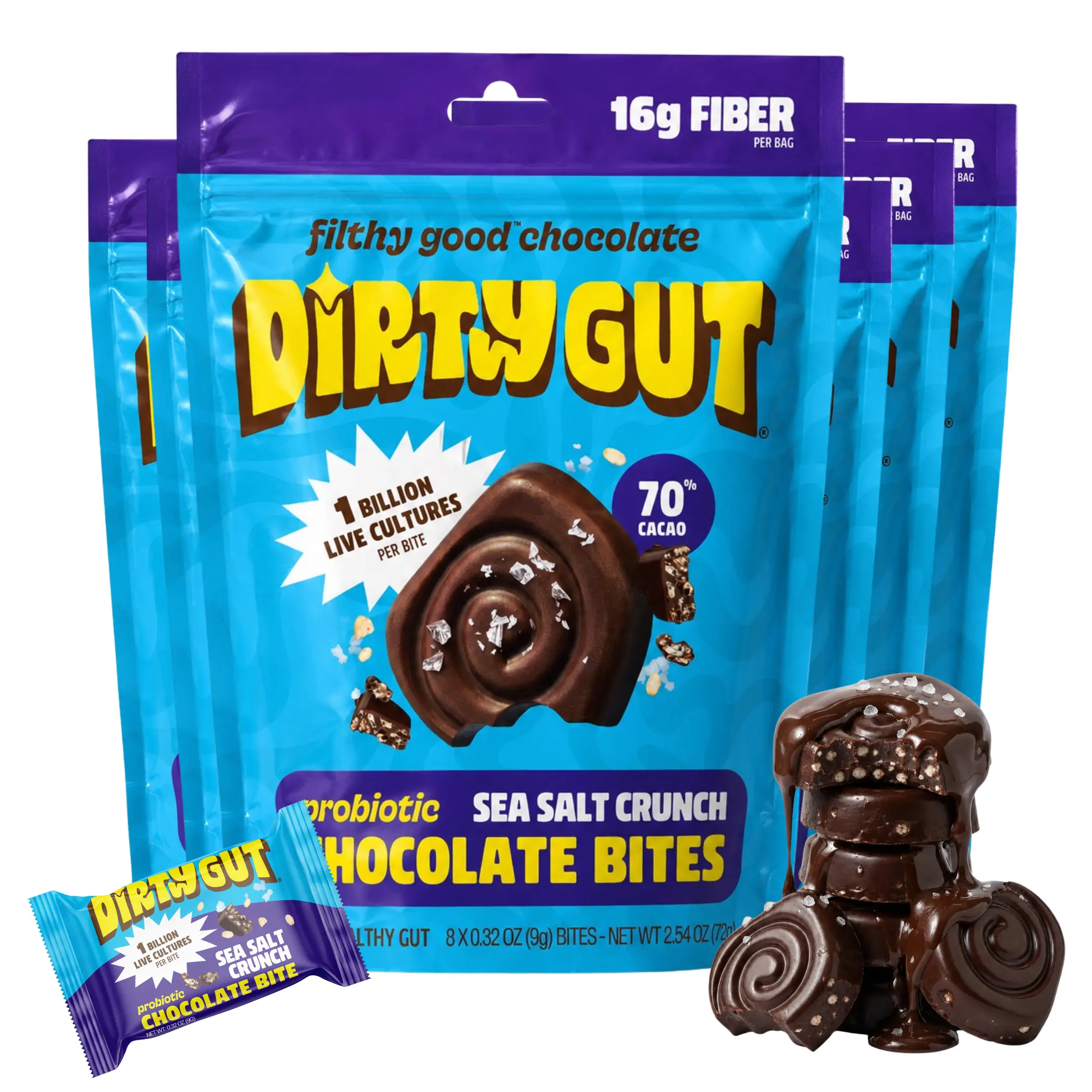 Sea Salt Crunch (6 Bags) - DIRTY GUT Probiotic Chocolate Bites - Gut Friendly, Sweet Treat, High in Fiber