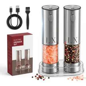Electric Salt and Pepper  Set, Rechargeable Salt and Pepper Grinders, Stainless Steel Automatic Pepper Mill, Adjustable Coarseness, LED Light, -Hand Operation for Kitchen & Dining