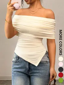 Women's Plain Off The Shoulder Tee, Casual Classy Elegant T-shirt for Summer, Women's Top for Daily Wear, Womenswear, Casual Classy Fashion