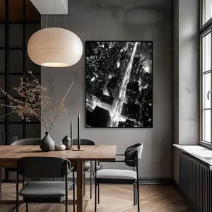 Black and White Big City at Night Poster, Perfect Office or Modern Home Decor, Monochrome Cityscape Skyscrapers Artwork
