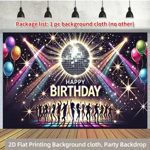 1pc 2D Flat Sparkling Disco Party Backdrop - Vibrant Polyester Photo Booth Banner with DJ Turntable & Colorful Lights, Perfect for Birthdays, Anniversaries, and Props, No Power Needed, Wall Moun