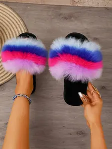 2026 Women's Gradient Faux Fur Sandals, Open-Toe Plush Indoor Outdoor Slippers, Non-Slip Warm Cozy Shoes for Home and Daily Wear, Warm House Slippers