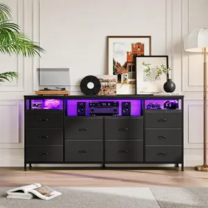 10 Drawer Dresser Tv Stand for 65 70 75 Inch Tv, 63" W Long Fabric Dresser Entertainment Center, Chest of Drawers Dresser for Bedroom with Led Lights & Power Outlets