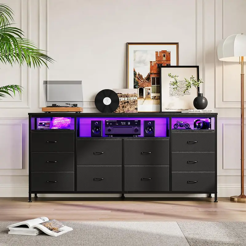 63" W Black Dresser TV Stand for 65 70 75 Inch TV, 14 Drawer for Bedroom with Power Outlets, Large Long Fabric Dresser Entertainment Center - TikTok Shop 63" W Black Dresser TV Stand for 65 70 75 Inch TV, 14 Drawer for Bedroom with Power Outlets, Large Long Fabric Dresser Entertainment Center - TikTok Shop