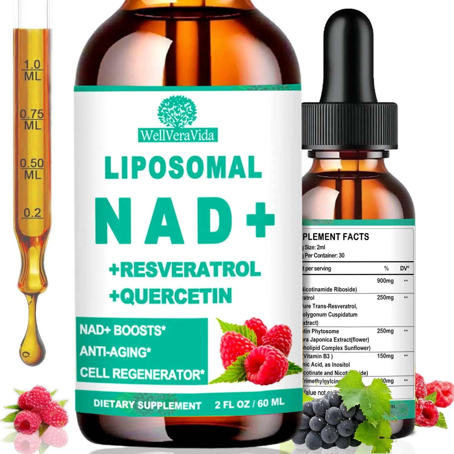 NAD Supplements for Women and Men Liposomal NAD Nicotinamide Riboside Resveratrol 900mg TMG Quercetin Vitamin B3 Organic Liquid NAD Resveratrol Supplement for Longevity Energy Anti Aging Focus Cellular Repair DNA Defense
