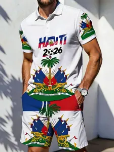 Summer Men's Haiti Theme Set, Flag Emblem Print Polo Shirt + Shorts, Loose-Fit, Casual Style, with Pockets, Drawstring Waist, Gift Idea