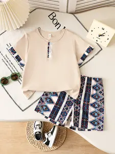 Boys' Summer Classic Fashion Set, Button Half-Open Crew Neck Short Sleeve Top & Geometric Pattern Shorts, Breathable 2-Piece