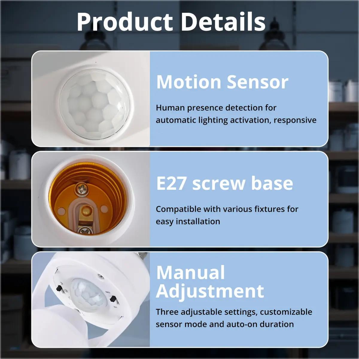 Motion Sensor E27 Socket Adapter with Human Body Infrared Detection, 6m Detection Range, Auto On/Off, No Wiring, High Sensitivity for LED/CFL Bulbs (85-265V),Ideal for Porch,Garage,Yard & Outdoor Security Lighting - Smart Home, Energy-Saving,Easy Install