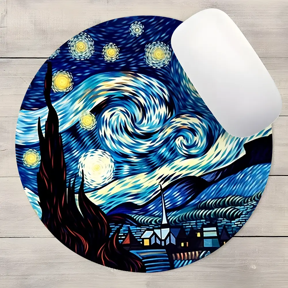 Starry Night Classic Art Design Round Gaming Mouse Pad, Aesthetic Desktop Decorative Protective Pad, Rubber Anti-slip Lockedge Work Pad, Small Size Suitable for Laptop, Desktop Computer Games, Work, Family