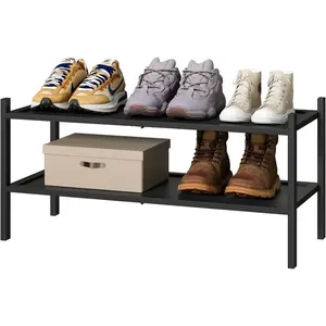 2-Tier Black Bamboo Shoe Rack, Stackable Bamboo Wood Shoe Rack for Closet, Entryway & Hallway Organiser Wooden