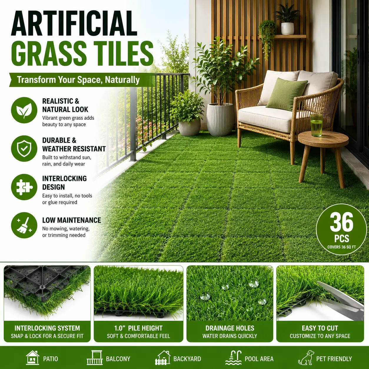 Luxury Plastic Interlocking Round Polygrass Tiles - 12x12" (12" x 12" per square), 36-Piece Box Set with 100% New Premium Poly Grass Fibers, Stable Waterproof Green Deck Flooring for Patio Backyard Balcony